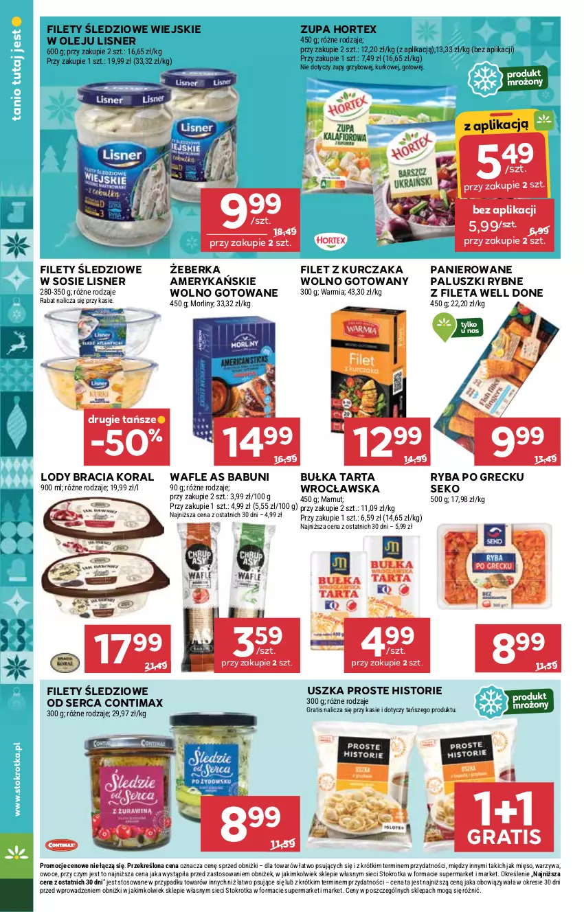 Gazetka promocyjna Stokrotka - Supermarket - ważna 18.12 do 21.12.2025 - strona 35 - produkty: Babuni, Bułka, Bułka tarta, Gra, Hortex, Kurczak, Lisner, Lody, Mięso, Morliny, Olej, Owoce, Paluszki rybne, Ryba, Ryba po grecku, SEKO, Ser, Sos, Tarta, Wafle, Warzywa, Zupa