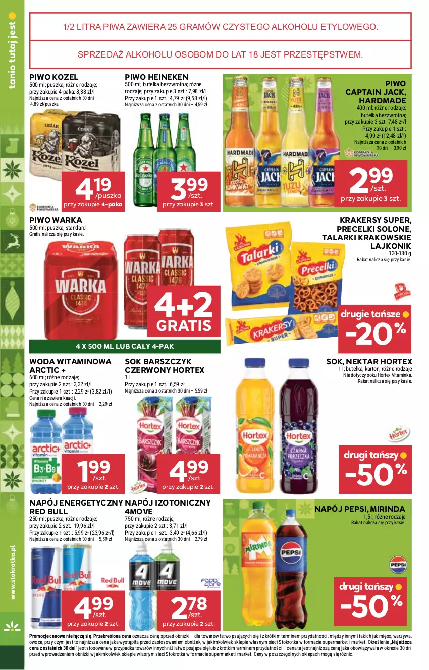 Gazetka promocyjna Stokrotka - Supermarket - ważna 18.12 do 21.12.2025 - strona 37 - produkty: Captain Jack, Gra, Heineken, Hortex, Inka, Kozel, Krakersy, Lajkonik, Mięso, Mirinda, Napój, Napój energetyczny, Napój izotoniczny, Nektar, Owoce, Pepsi, Piwa, Piwo, Precelki, Red Bull, Sok, Warka, Warzywa, Woda