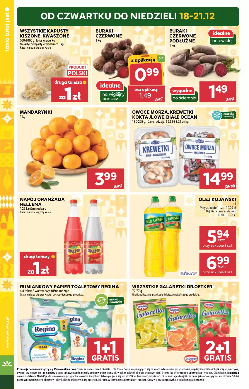 Gazetka promocyjna Stokrotka - Supermarket - ważna 18.12 do 21.12.2025 - strona 6 - produkty: Buraki, Gala, Galaretki, Gin, Gra, Hellena, Krewetki, Kujawski, Mandarynki, Mięso, Napój, Olej, Oranżada, Owoce, Owoce morza, Papier, Papier toaletowy, Rum, Warzywa