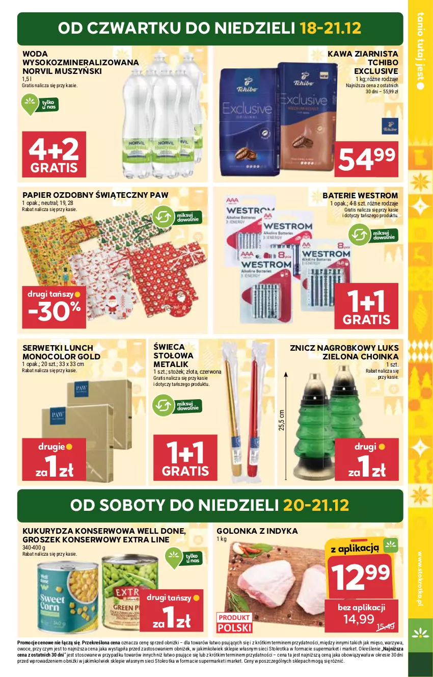 Gazetka promocyjna Stokrotka - Supermarket - ważna 18.12 do 21.12.2025 - strona 7 - produkty: Choinka, Golonka z indyka, Gra, Groszek, Inka, Kawa, Kawa ziarnista, Kukurydza, Kukurydza konserwowa, Mięso, Mus, Owoce, Papier, Papier ozdobny, Ser, Serwetki, Sok, Tchibo, Warzywa, Woda, Znicz