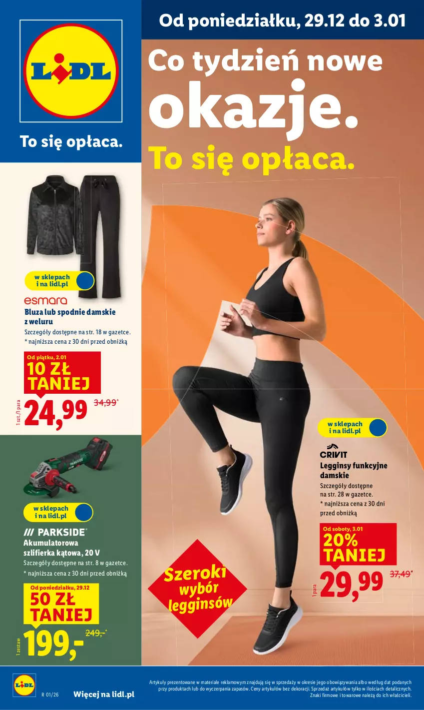 Gazetka promocyjna Lidl - GAZETKA - ważna 29.12.2025 do 03.01.2026 - strona 1 - produkty: Akumulator, Bluza, Gin, Legginsy, Spodnie, Szlifierka, Szlifierka kątowa
