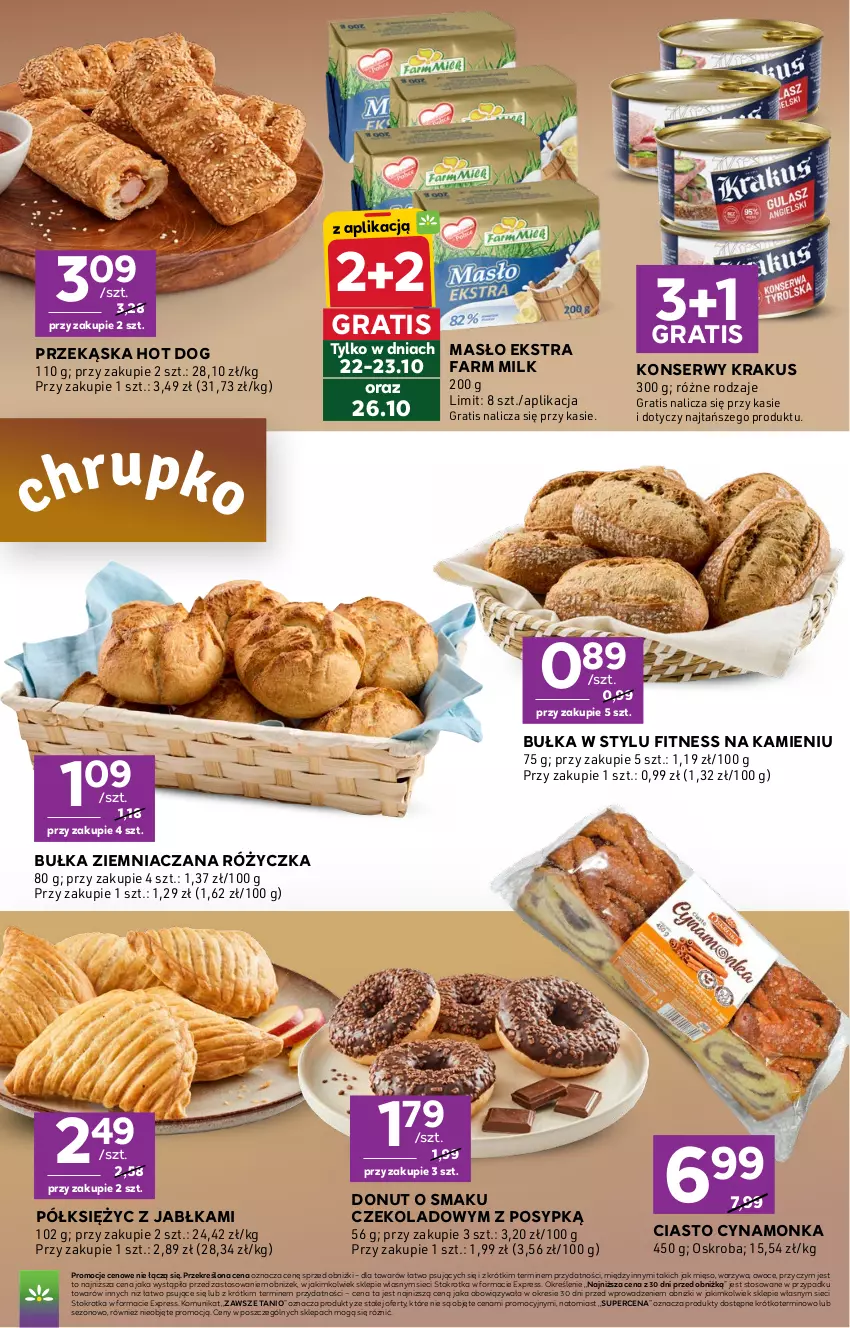 Gazetka promocyjna Stokrotka - Express - ważna 22.10 do 28.10.2026 - strona 3 - produkty: Bułka, Donut, Fa, Farm Milk, Gra, Hot dog, Jabłka, Krakus, Masło, Mięso, Owoce, Ser, Warzywa