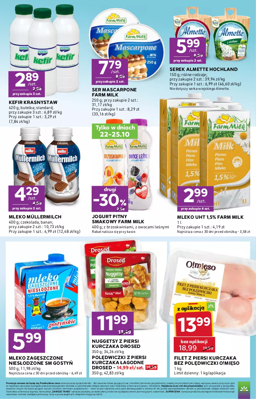 Gazetka promocyjna Stokrotka - Express - ważna 22.10 do 28.10.2026 - strona 4 - produkty: Almette, Czekolada, Fa, Farm Milk, Filet z piersi kurczaka, Hochland, Jogurt, Jogurt pitny, Kefir, Kurczak, Mascarpone, Mięso, Mleko, Mleko zagęszczone, Müller, Müllermilch, Owoce, Ser, Serek, Warzywa