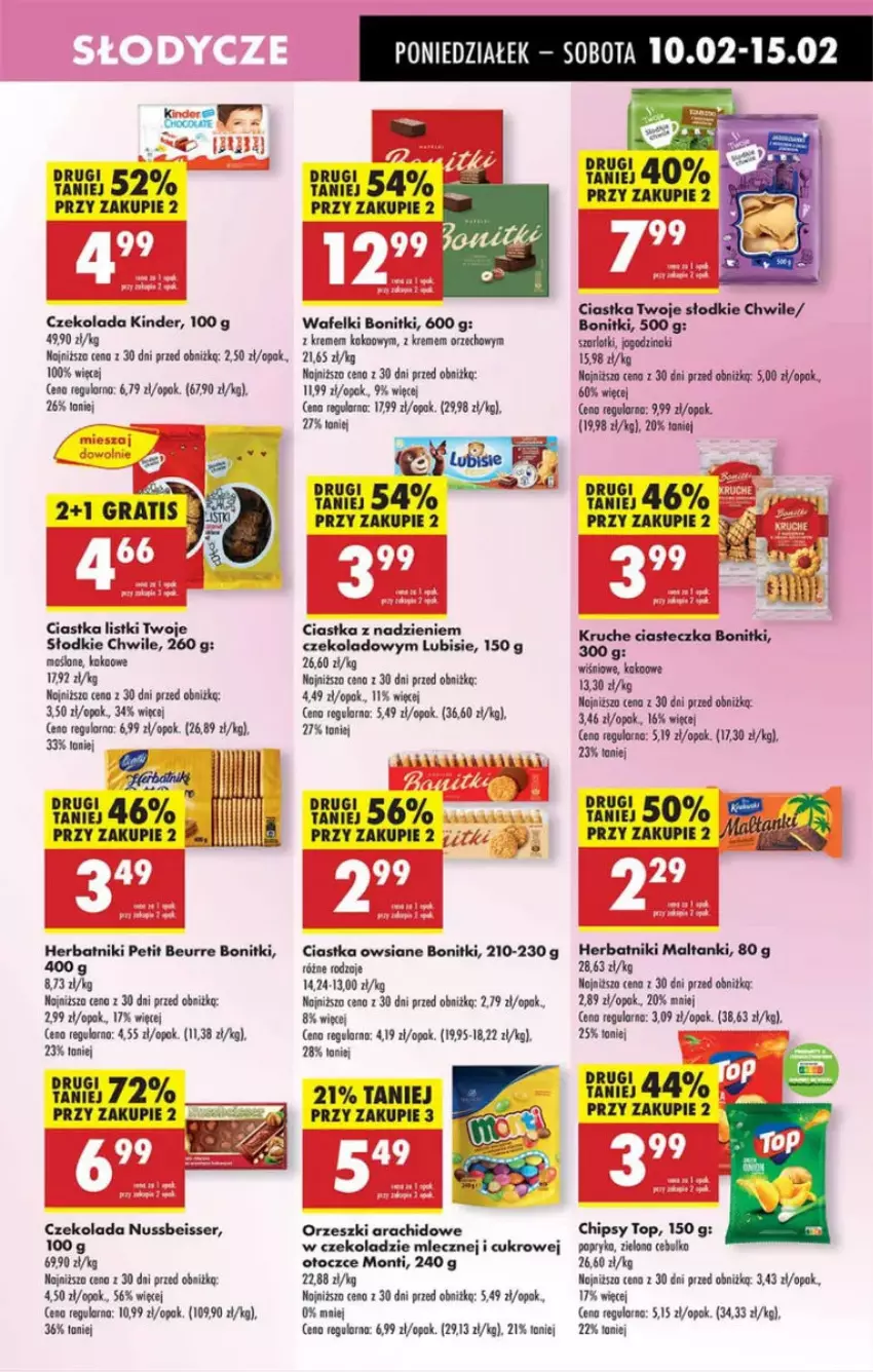 Gazetka promocyjna Intermarche - ważna 10.02 do 12.02.2025 - strona 44 - produkty: Bonitki, Chipsy, Ciastka, Ciastka owsiane, Czekolada, Herbatniki, Herbatniki Petit Beurre, Kinder, Lubisie, Orzeszki, Ser, Top