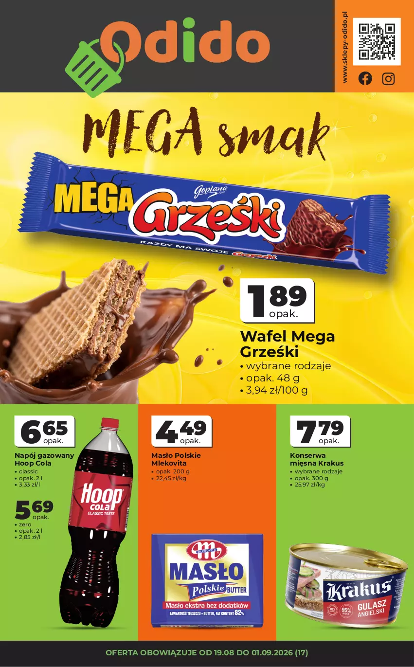 Gazetka promocyjna Odido - Gazetka Odido - ważna 19.08 do 01.09.2026 - strona 1 - produkty: Grześki, Hoop, Krakus, Masło, Mleko, Mlekovita, Napój, Napój gazowany, Ser