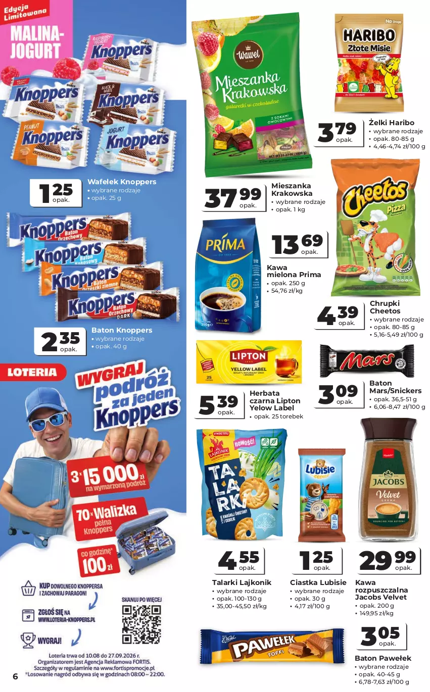 Gazetka promocyjna Odido - Gazetka Odido - ważna 19.08 do 01.09.2026 - strona 6 - produkty: Baton, Cheetos, Chrupki, Ciastka, Haribo, Herbata, Herbata czarna, Jacobs, Jacobs Velvet, Kawa, Kawa mielona, Kawa rozpuszczalna, Knoppers, Lajkonik, Lipton, Lubisie, Mars, Prima, Snickers, Velvet, Wafelek