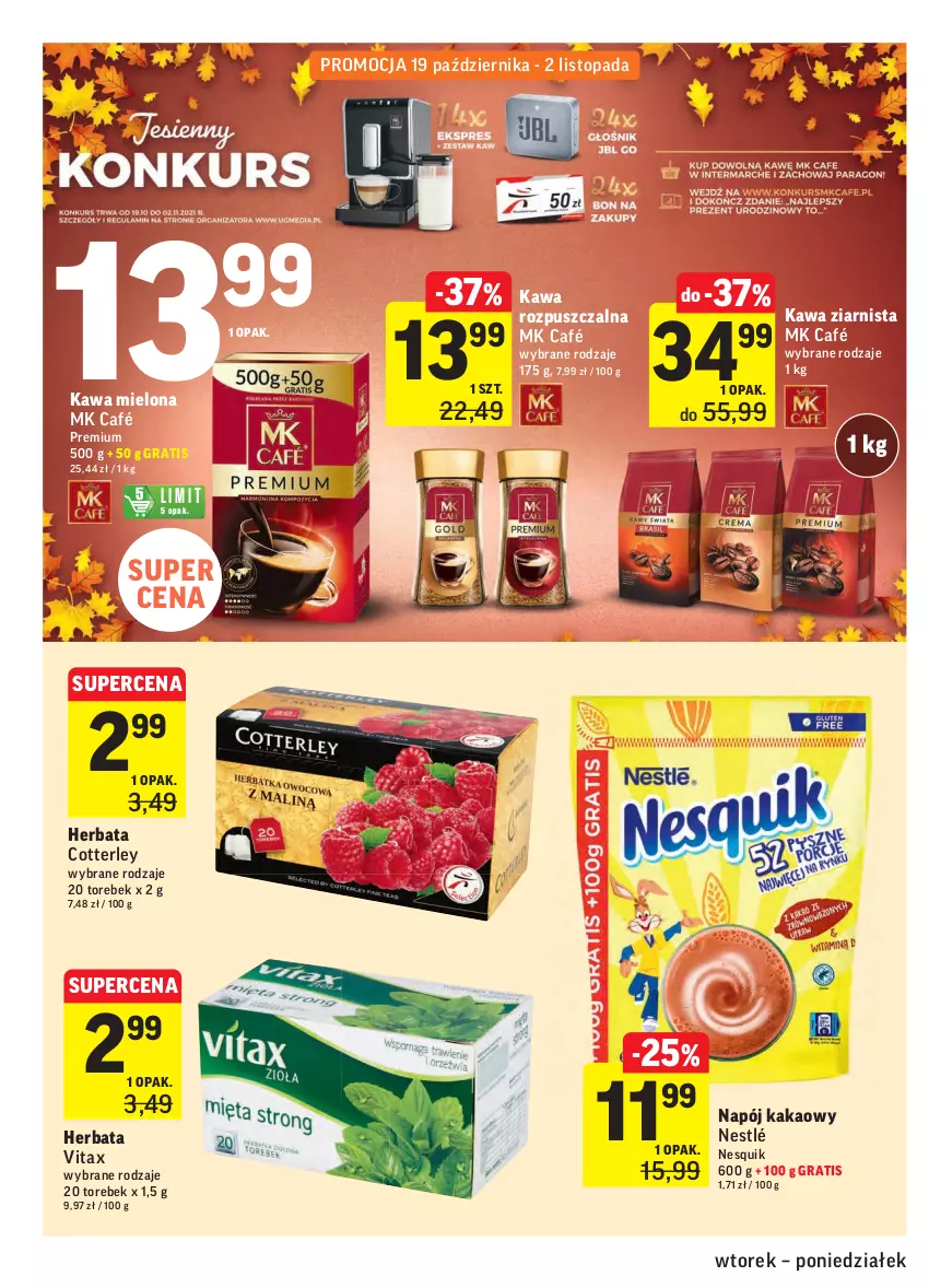 Gazetka promocyjna Intermarche - ważna 19.10 do 25.10.2021 - strona 24 - produkty: Gra, Herbata, Kakao, Kawa, Kawa mielona, Kawa rozpuszczalna, Kawa ziarnista, Napój, Nesquik, Nestlé, Top, Vitax