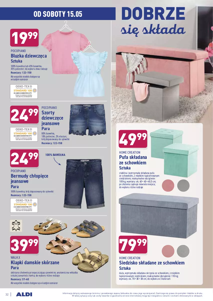 Gazetka promocyjna Aldi - ważna 10.05 do 15.05.2021 - strona 32 - produkty: Atomic, Bermudy, Fa, Klapki, Orka, Pocopiano, Puf, Siedzisko, Szorty, Wełna