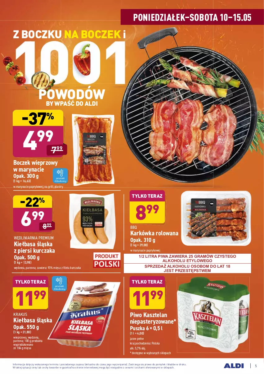 Gazetka promocyjna Aldi - ważna 10.05 do 15.05.2021 - strona 5 - produkty: Boczek, Boczek wieprzowy, Gra, Grill, Kasztelan, Kiełbasa, Kiełbasa śląska, Krakus, Kurczak, Piwa, Piwo, Tera