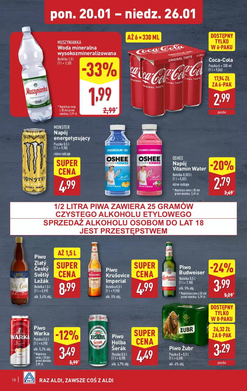 Gazetka promocyjna Aldi - Pełna oferta - ważna 20.01 do 26.01.2025 - strona 18 - produkty: Coca-Cola, Gra, Mus, Muszynianka, Napój, Oshee, Piwa, Piwo, Ser, Sok, Warka, Woda, Woda mineralna