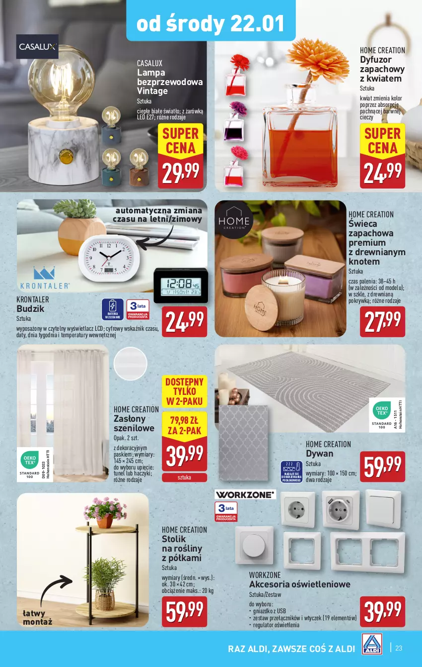 Gazetka promocyjna Aldi - Pełna oferta - ważna 20.01 do 26.01.2025 - strona 23 - produkty: Bateria, Budzik, Dyfuzor zapachowy, Dywan, Haczyk, Lampa, Półka, Stolik, Tunel