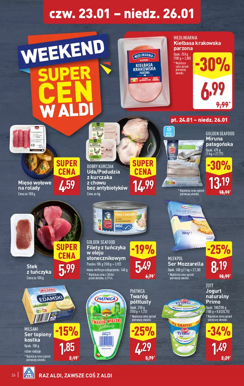 Gazetka promocyjna Aldi - Pełna oferta - ważna 20.01 do 26.01.2025 - strona 26 - produkty: Golden Seafood, Jogurt, Jogurt naturalny, Kiełbasa, Kiełbasa krakowska, Kurczak, Mięso, Mięso wołowe, Miruna, Mozzarella, Olej, Piątnica, Ser, Ser topiony, Stek, Tago, Top, Tuńczyk, Twaróg, Twaróg półtłusty, Zott