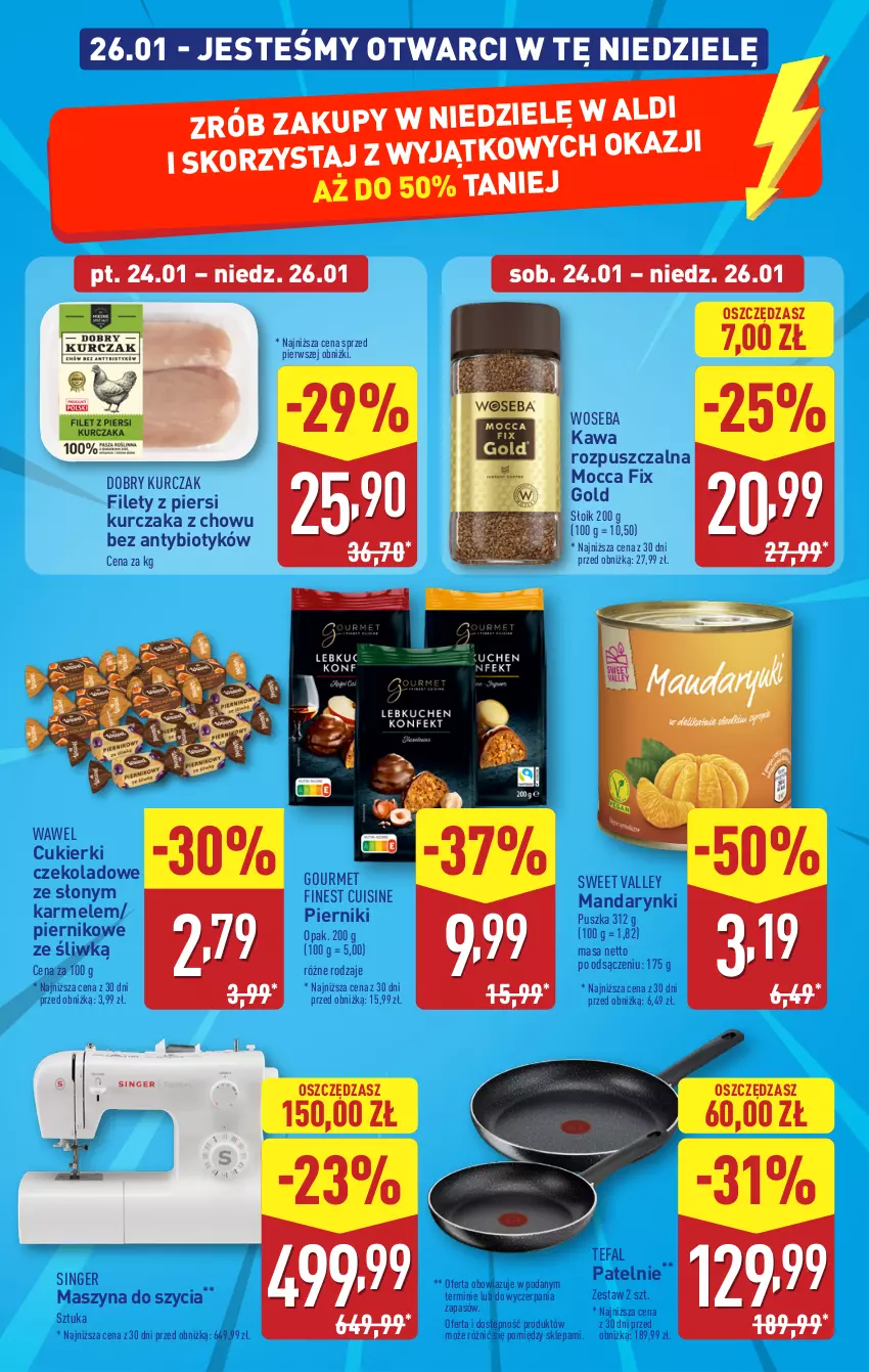 Gazetka promocyjna Aldi - Pełna oferta - ważna 20.01 do 26.01.2025 - strona 3 - produkty: Cukier, Cukierki, Cukierki czekoladowe, Fa, Kawa, Kawa rozpuszczalna, Kurczak, Mandarynki, Mocca Fix Gold, Piernik, Szyna, Tefal, Wawel, Woseba