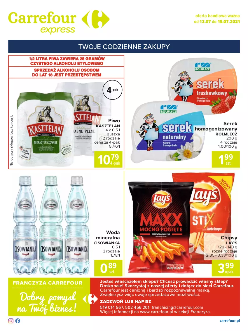 Gazetka promocyjna Carrefour - Gazetka Express - ważna 12.07 do 19.07.2021 - strona 2 - produkty: Chipsy, Cisowianka, Gra, Kasztelan, Lay’s, Piwa, Piwo, Rolmlecz, Ser, Serek, Serek homogenizowany, Woda, Woda mineralna