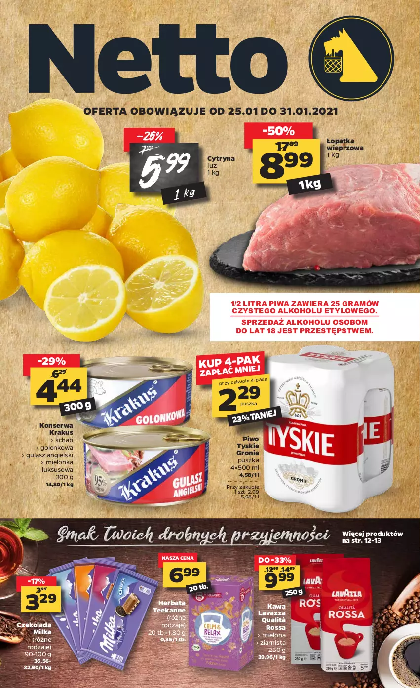 Gazetka promocyjna Netto - Oferta - ważna 25.01 do 31.01.2021 - strona 1 - produkty: Czekolada, Gra, Herbata, Kawa, Krakus, Lavazza, Milka, Piwa, Piwo, Ser, Teekanne, Tyskie