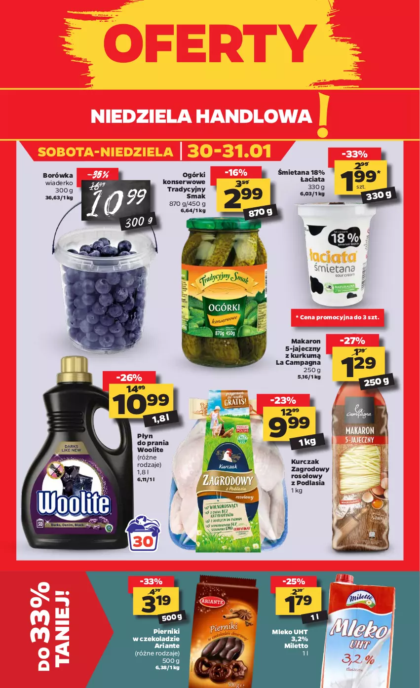 Gazetka promocyjna Netto - Oferta - ważna 25.01 do 31.01.2021 - strona 3 - produkty: Borówka, Kurczak, Makaron, Mleko, Ogórki konserwowe, Piernik, Pierniki w czekoladzie, Płyn do prania, Ser, Woolite