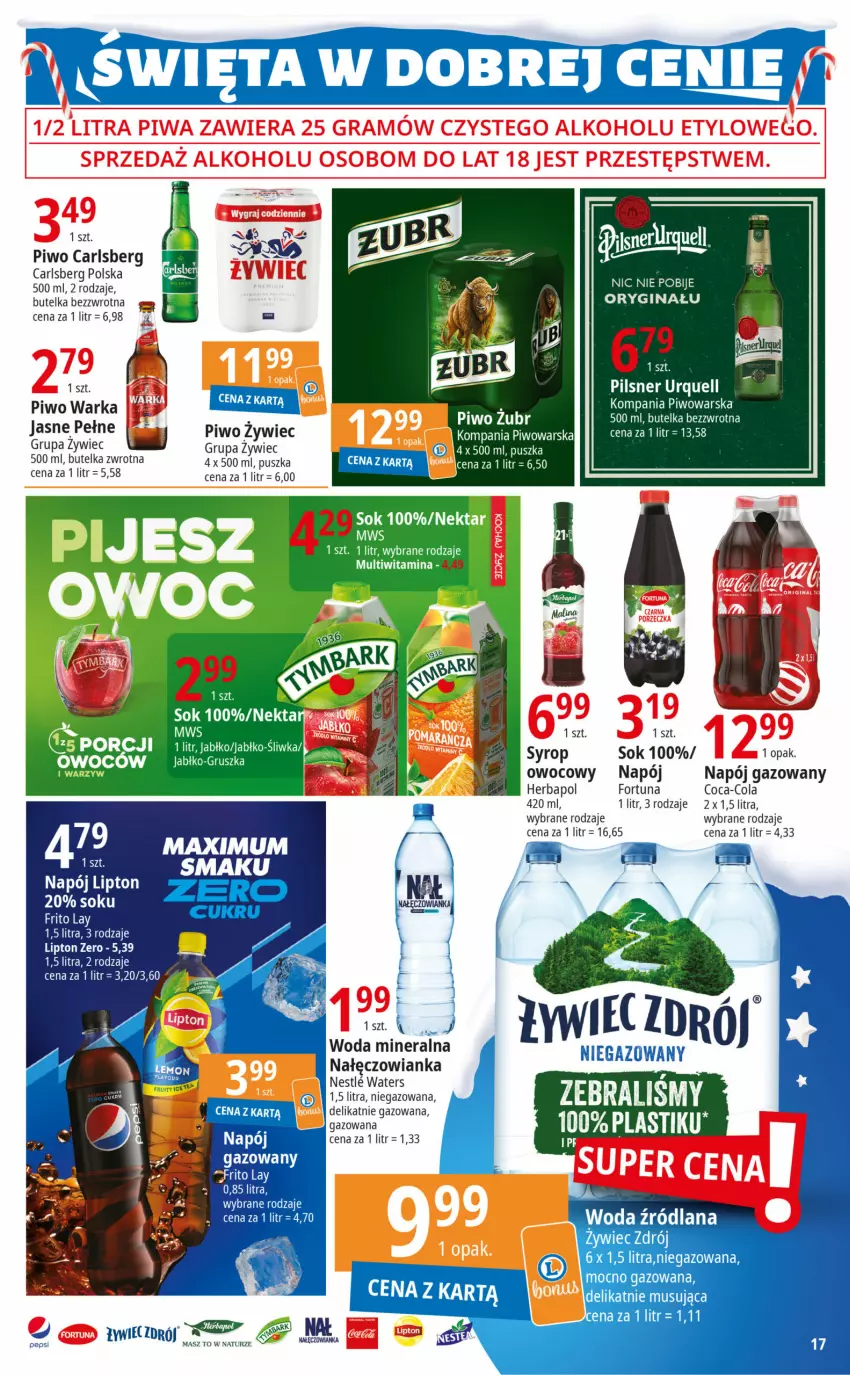 Gazetka promocyjna E Leclerc - ważna 12.12 do 23.12.2023 - strona 17 - produkty: Carlsberg, Coca-Cola, Fortuna, Gin, Gra, Herbapol, Lipton, Nałęczowianka, Napój, Napój gazowany, Nektar, Pilsner Urquell, Piwa, Piwo, Por, Sok, Warka, Woda