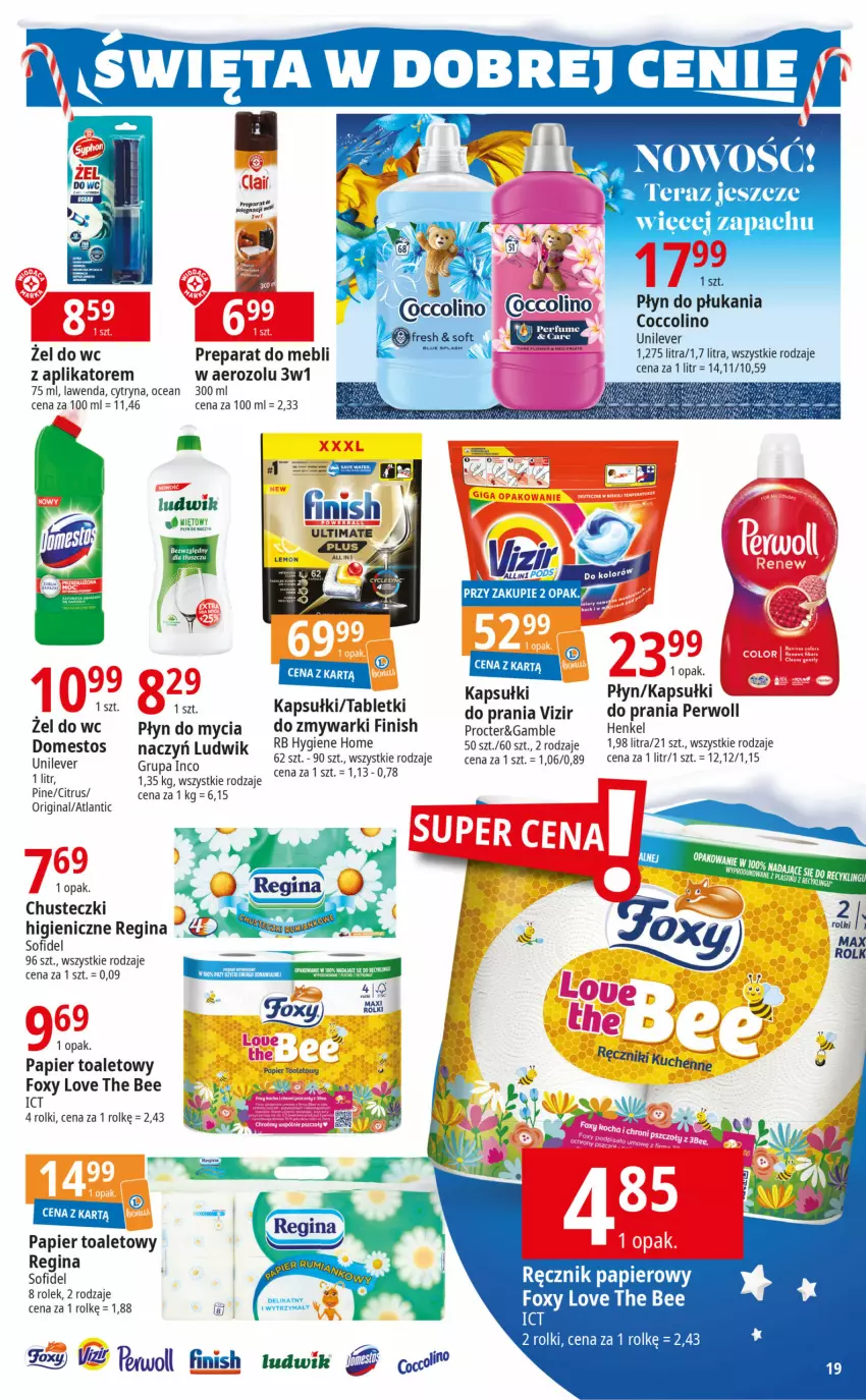 Gazetka promocyjna E Leclerc - ważna 12.12 do 23.12.2023 - strona 19 - produkty: Chusteczki, Coccolino, Domestos, Finish, Foxy, Gin, Ludwik, Papier, Papier toaletowy, Płyn do mycia, Płyn do płukania, Rolki, Tera, Zmywarki