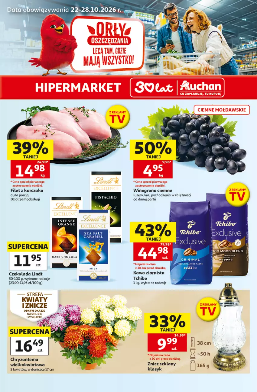 Gazetka promocyjna Auchan - 30 Lat Hipermarket - ważna 22.10 do 28.10.2026 - strona 1 - produkty: Chryzantema, Czekolada, Fa, Gin, Kawa, Kawa ziarnista, Kurczak, Lindt, Por, Tchibo, Wino, Winogrona, Znicz