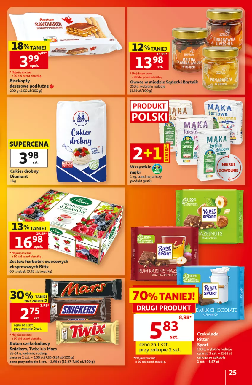 Gazetka promocyjna Auchan - 30 Lat Hipermarket - ważna 22.10 do 28.10.2026 - strona 25 - produkty: Baton, Biszkopty, Cukier, Czekolada, Deser, Diamant, Gra, Mars, Owoce, Por, Ser, Snickers, Sport, Twix