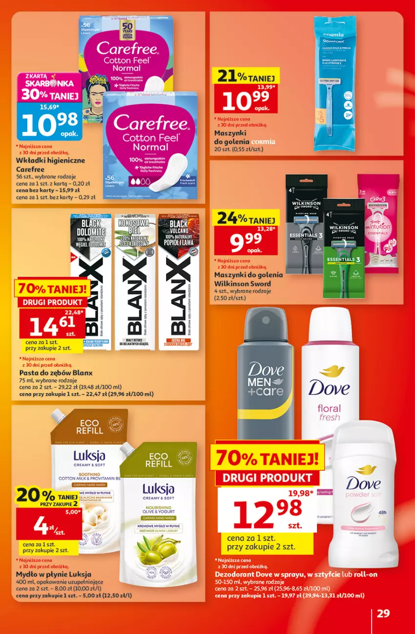 Gazetka promocyjna Auchan - 30 Lat Hipermarket - ważna 22.10 do 28.10.2026 - strona 29 - produkty: Carefree, Dove, Fa, Luksja, Mydło, Mydło w płynie, Pasta do zębów, Wilkinson Sword, Wkładki