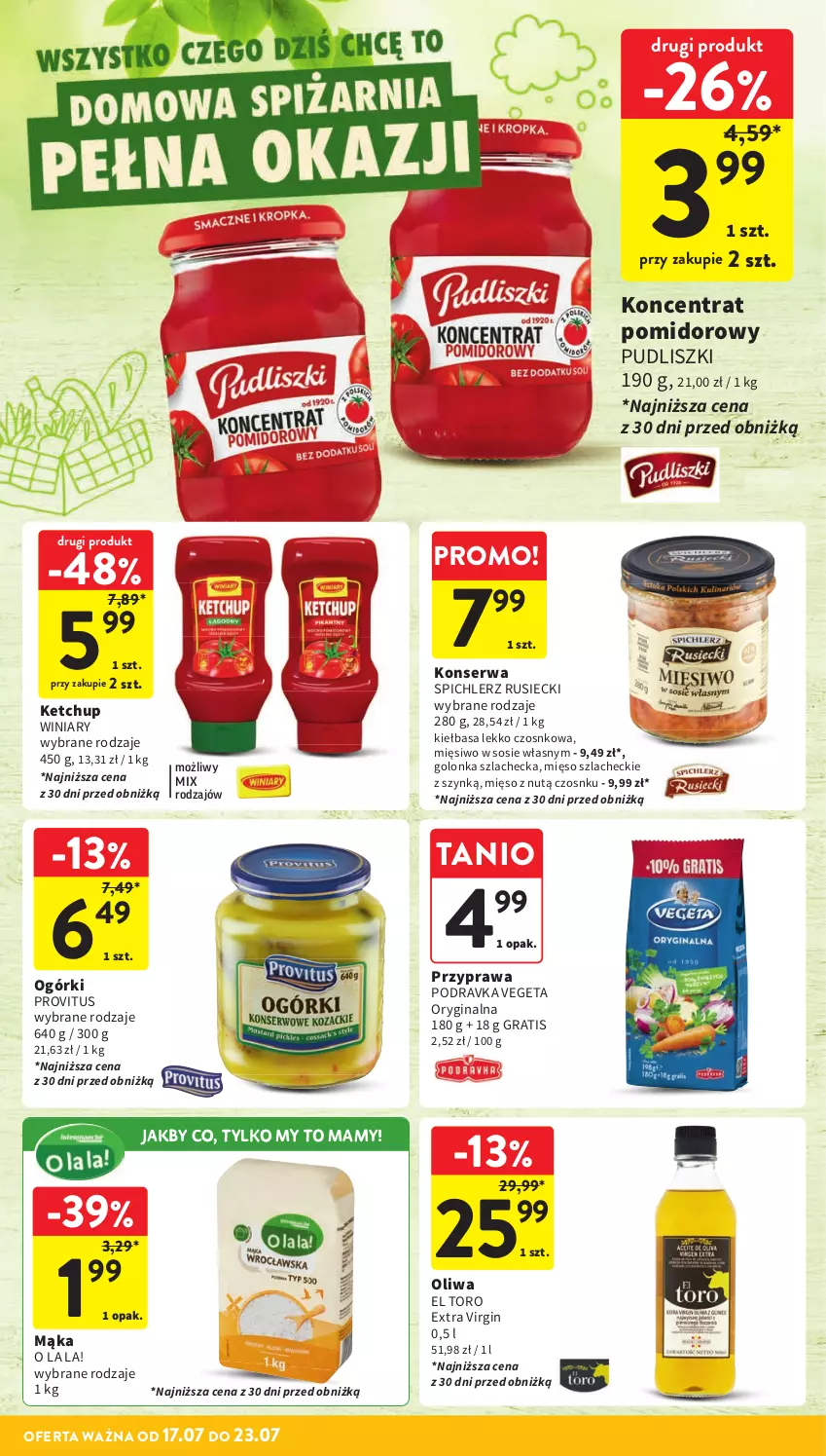 Gazetka promocyjna Intermarche - Gazetka promocyjna - ważna 17.07 do 23.07.2025 - strona 29 - produkty: Gin, Gra, Ketchup, Kiełbasa, Koncentrat pomidorowy, Mąka, Mięso, Oliwa, Podravka, Pudliszki, Ser, Sos, Spichlerz Rusiecki, Vegeta, Winiary