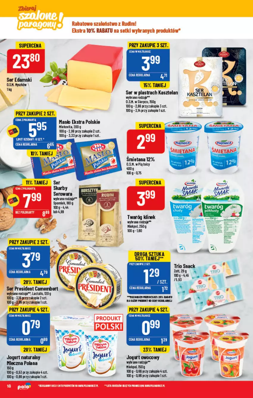 Gazetka promocyjna PoloMarket - Gazetka pomocyjna - ważna 16.03 do 22.03.2022 - strona 18 - produkty: Camembert, Edam, Jogurt, Jogurt naturalny, Jogurt owocowy, Kasztelan, LANA, Masło, Mysz, Ser, Twaróg