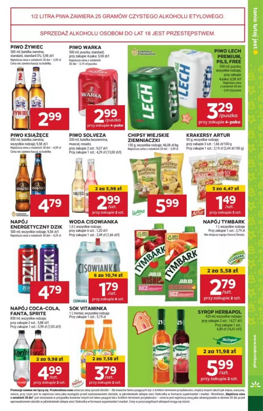 Gazetka promocyjna Stokrotka - ważna 19.12 do 25.12.2024 - strona 38 - produkty: Artur, Chipsy, Cisowianka, Coca-Cola, Fa, Fanta, Gra, Herbapol, Inka, Krakersy, Książęce, Lech Premium, Mus, Napój, Napój energetyczny, Piwa, Piwo, Ser, Sok, Sprite, Syrop, Tymbark, Warka, Warzywa, Woda