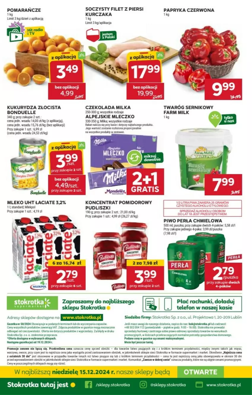 Gazetka promocyjna Stokrotka - ważna 19.12 do 25.12.2024 - strona 43 - produkty: Bonduelle, Czekolada, Dres, Fa, Farm Milk, Gra, JBL, Koncentrat pomidorowy, Kukurydza, Kurczak, Milka, Mleczko, Mleko, O nas, Papryka, Papryka czerwona, Perła, Piwa, Piwo, Pomarańcze, Por, Pudliszki, Ser, Telefon, Twaróg, Waga, Warzywa