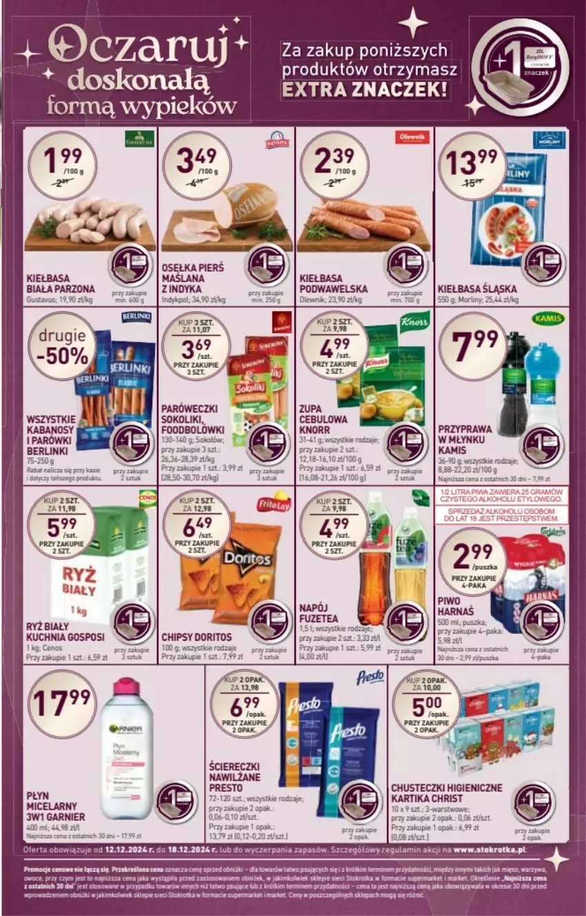 Gazetka promocyjna Stokrotka - ważna 19.12 do 25.12.2024 - strona 5 - produkty: Berlinki, Cenos, Chipsy, Chusteczki, Fa, Garnier, Kamis, Kiełbasa, Kiełbasa biała, Knorr, Kuchnia, LG, Morliny, Olewnik, Parówki, Presto, Ryż, Ryż biały, Sok, Warzywa, Wawel