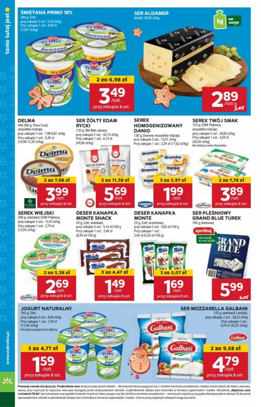 Gazetka promocyjna Stokrotka - ważna 19.12 do 25.12.2024 - strona 6 - produkty: Danio, Danone, Delma, Deser, Edam, Flora, Galbani, Gra, Jogurt, Monte, Mozzarella, Piątnica, Ser, Ser pleśniowy, Serek, Serek homogenizowany, Serek wiejski, Sitko, Warzywa, Zott