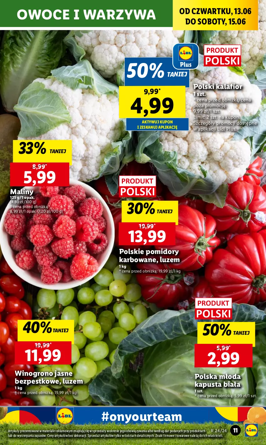 Gazetka promocyjna Lidl - GAZETKA - ważna 13.06 do 15.06.2024 - strona 15 - produkty: Kalafior, Maliny, Owoce, Pomidory, Warzywa, Wino