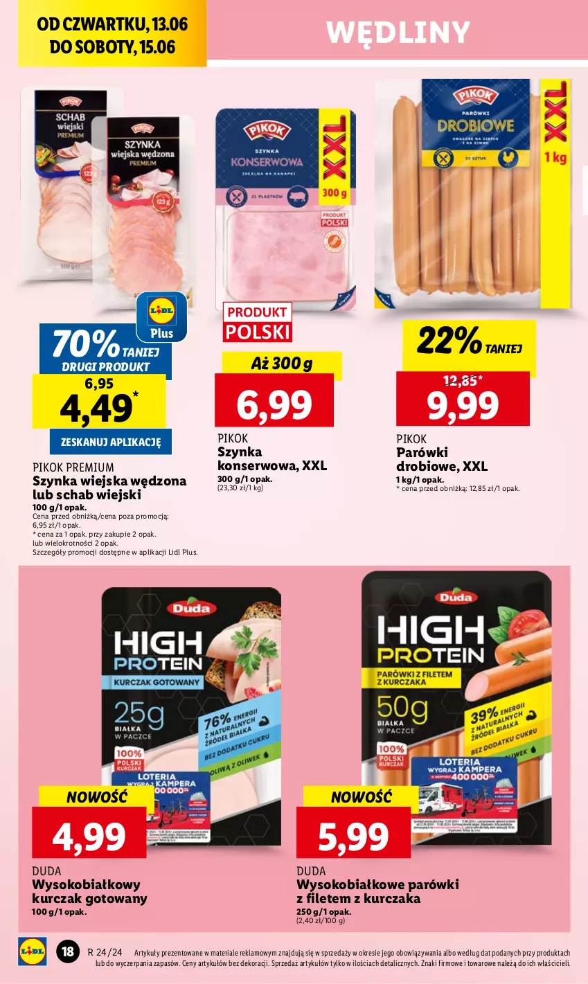 Gazetka promocyjna Lidl - GAZETKA - ważna 13.06 do 15.06.2024 - strona 24 - produkty: Duda, Kurczak, Kurczak gotowany, Parówki, PIKOK, Ser, Sok, Szynka, Szynka konserwowa