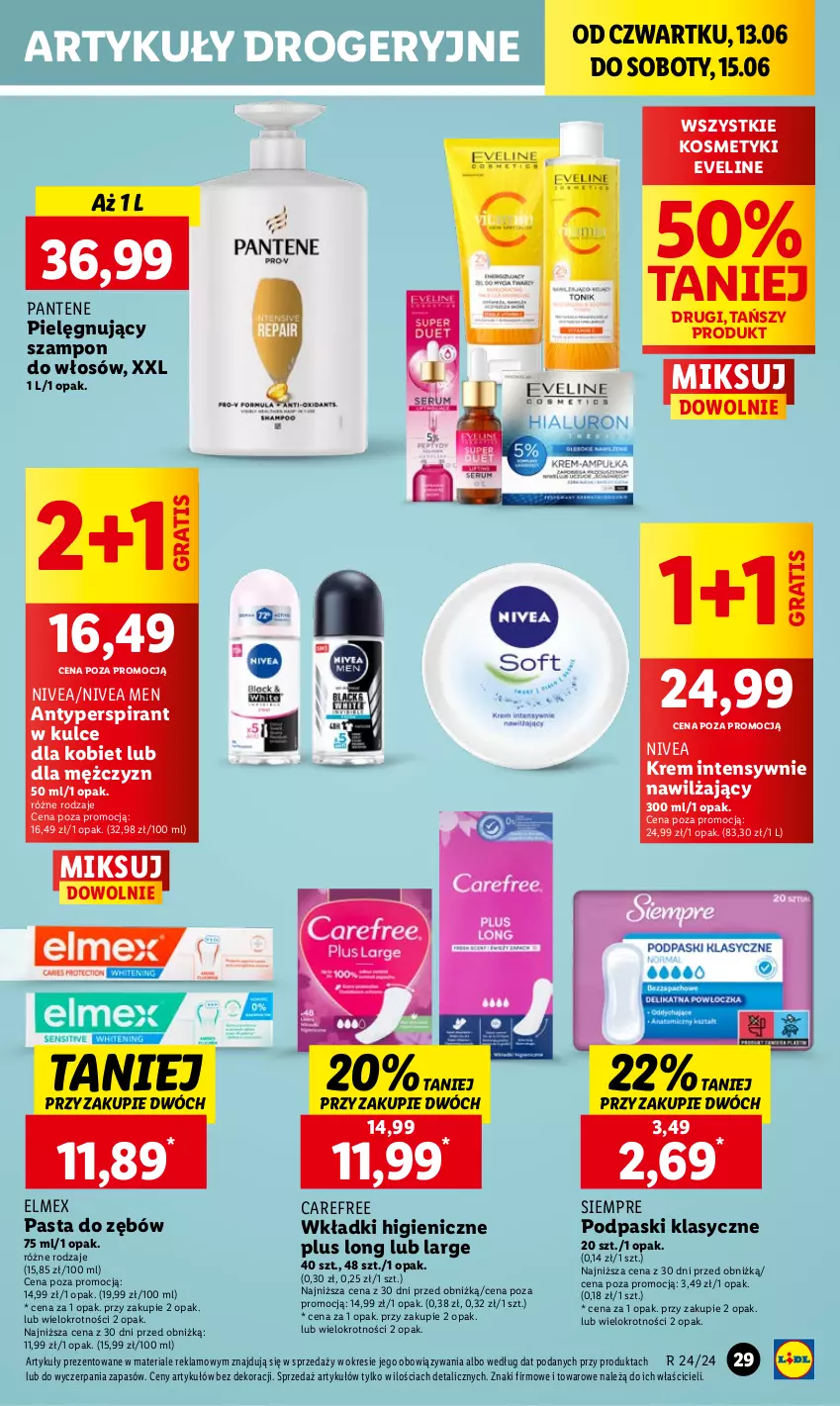 Gazetka promocyjna Lidl - GAZETKA - ważna 13.06 do 15.06.2024 - strona 39 - produkty: Antyperspirant, Carefree, Elmex, Eveline, Gra, Nivea, Nivea Men, Pantene, Pasta do zębów, Podpaski, Szampon, Wkładki