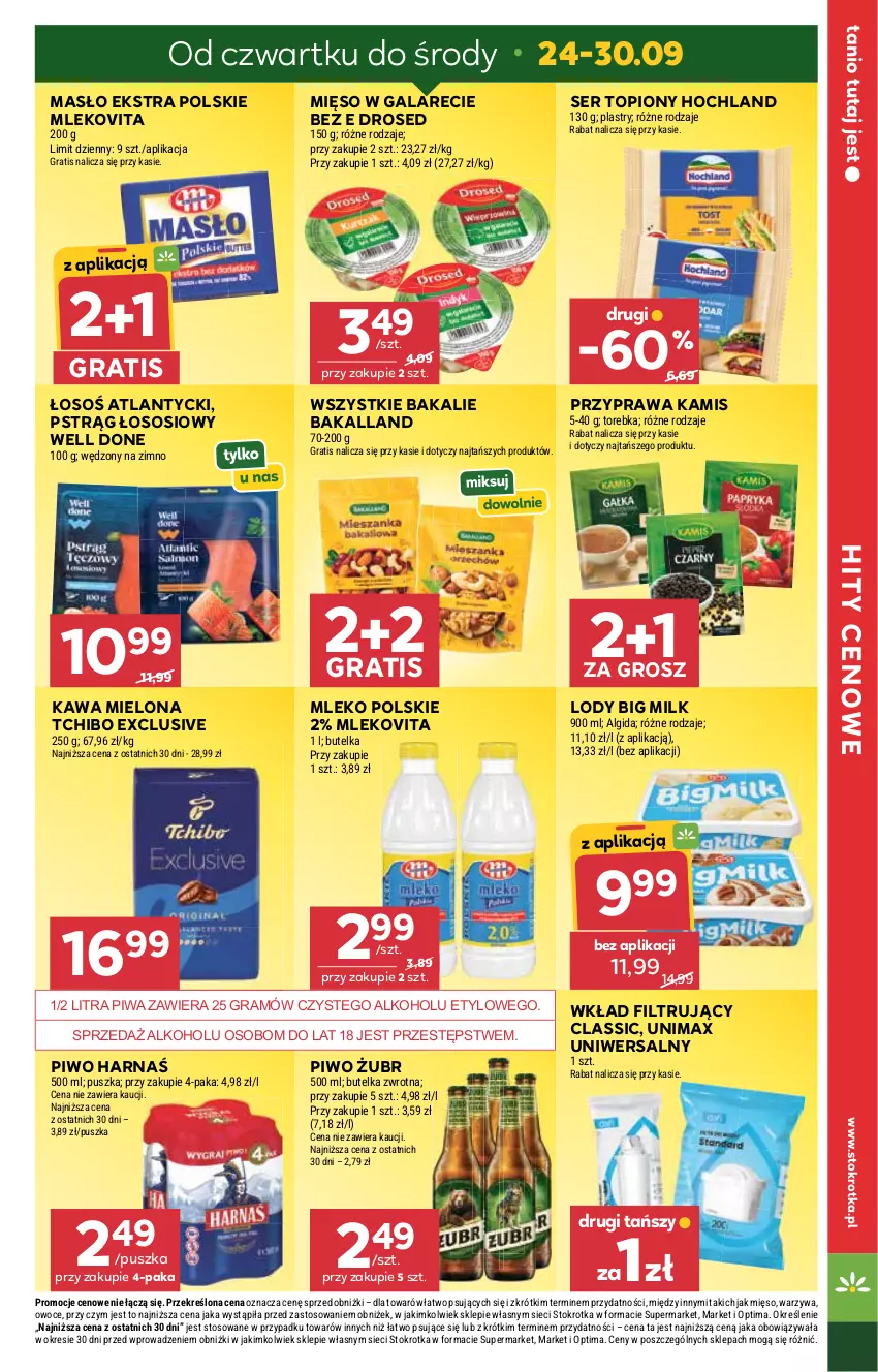 Gazetka promocyjna Stokrotka - Market - ważna 24.09 do 30.09.2026 - strona 3 - produkty: Algida, Bakalland, Big Milk, Gala, Gra, Harnaś, Hochland, Kamis, Kawa, Kawa mielona, LG, Lody, Masło, Mięso, Mięso w galarecie, Mleko, Mlekovita, Optima, Owoce, Piwa, Piwo, Pstrąg, Pstrąg łososiowy, Ser, Ser topiony, Sos, Tchibo, Top, Torebka, Warzywa, Wkład filtrujący