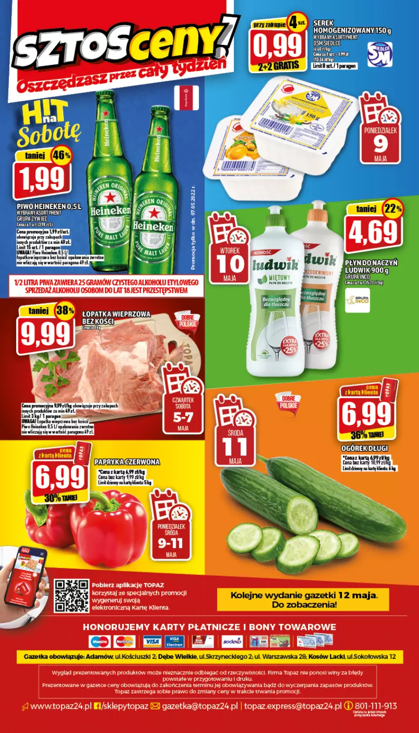 Gazetka promocyjna Topaz - Gazetka - ważna 05.05 do 11.05.2022 - strona 24 - produkty: Heineken, Lack, Olej, Papryka, Piwo, Ser, Serek, Serek homogenizowany, Sok, Top, Waga, Wagi