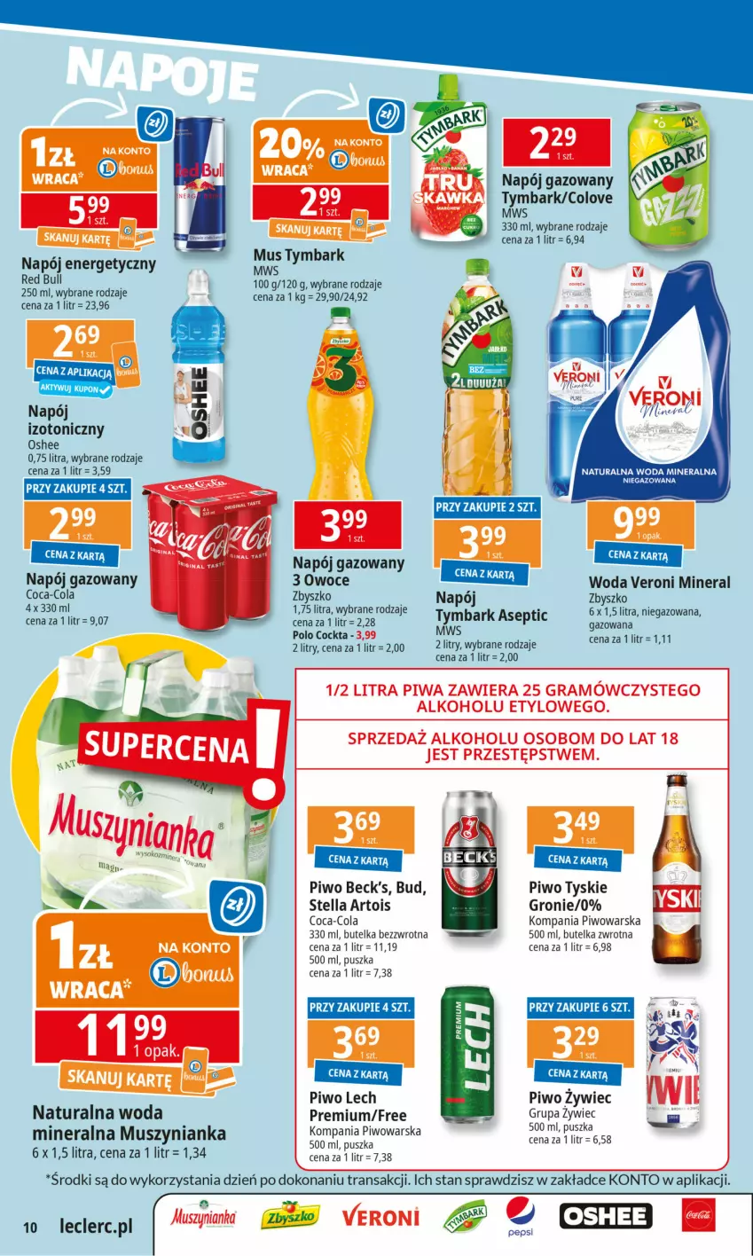 Gazetka promocyjna E Leclerc - ważna 17.03 do 24.03.2025 - strona 10 - produkty: Coca-Cola, Fa, Gra, Mus, Muszynianka, Napój, Napój gazowany, Napój izotoniczny, Oshee, Pepsi, Piwa, Piwo, Red Bull, Tran, Tymbark, Tyskie, Woda, Woda mineralna