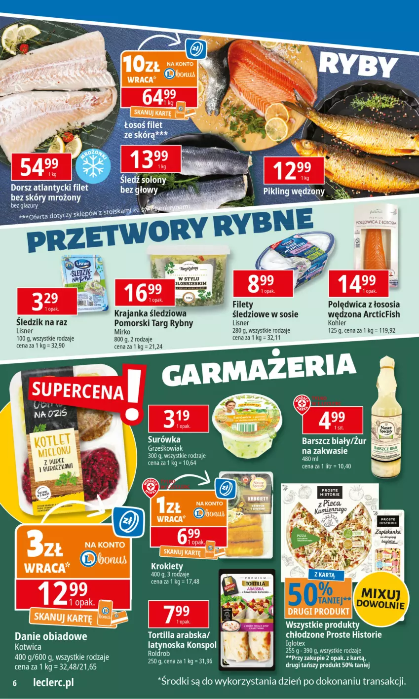 Gazetka promocyjna E Leclerc - ważna 17.03 do 24.03.2025 - strona 6 - produkty: Dorsz, Krajanka śledziowa, Lazur, LG, Lisner, Polędwica, Sos, Tortilla, Tran