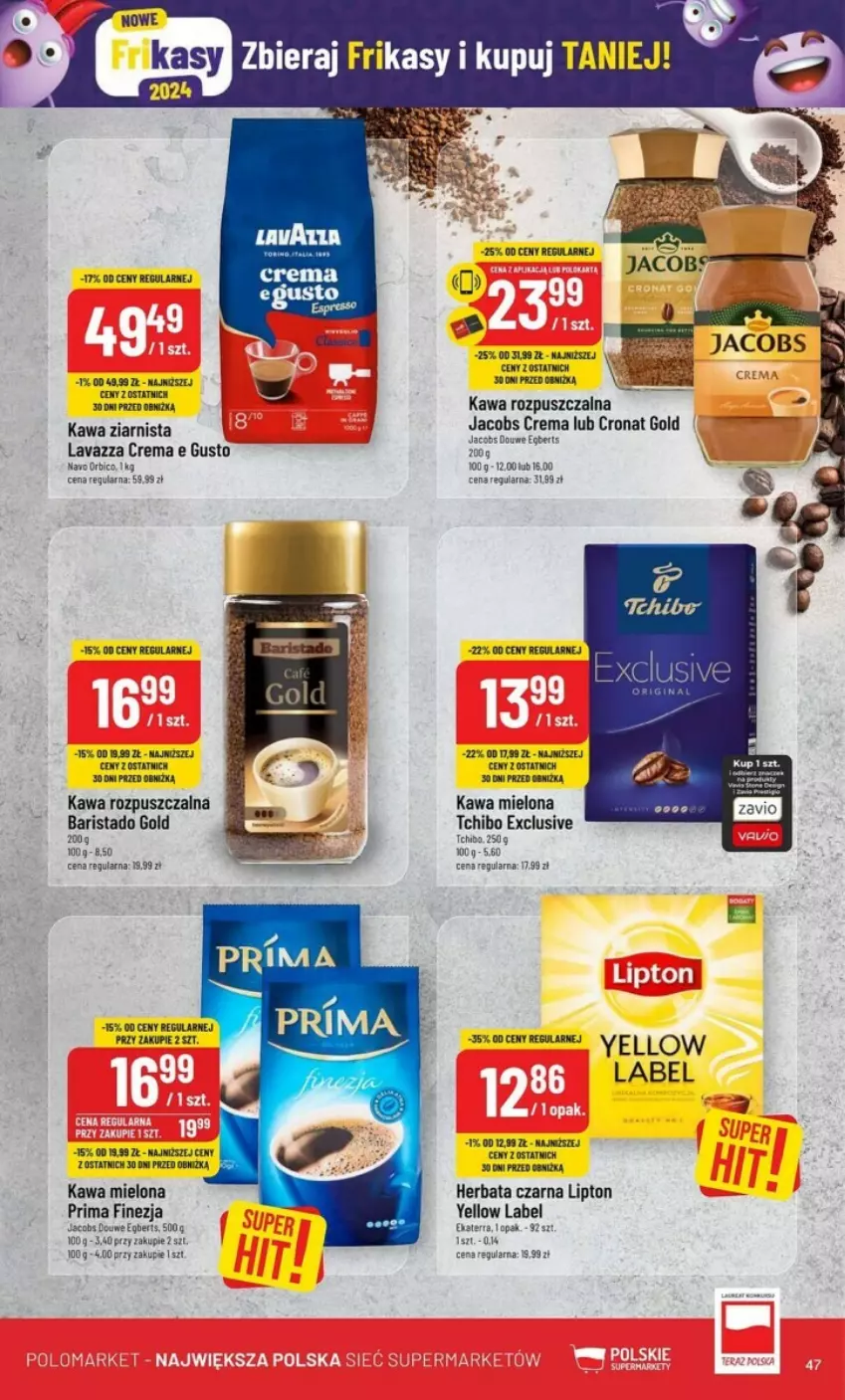 Gazetka promocyjna PoloMarket - ważna 31.01 do 06.02.2024 - strona 42 - produkty: Herbata, Herbata czarna, Jacobs, Kawa, Kawa mielona, Kawa rozpuszczalna, Kawa ziarnista, Lavazza, Lipton, Noż, Prima, Tchibo