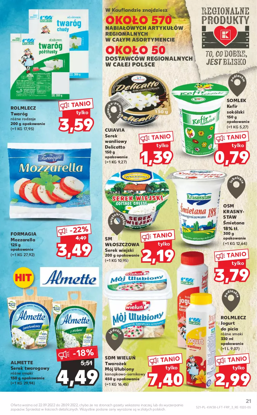 Gazetka promocyjna Kaufland - OFERTA TYGODNIA - ważna 22.09 do 28.09.2022 - strona 21 - produkty: Almette, Jogurt, Kefir, Mozzarella, Rolmlecz, Ser, Serek, Serek twarogowy, Serek wiejski, Sok, Twaróg