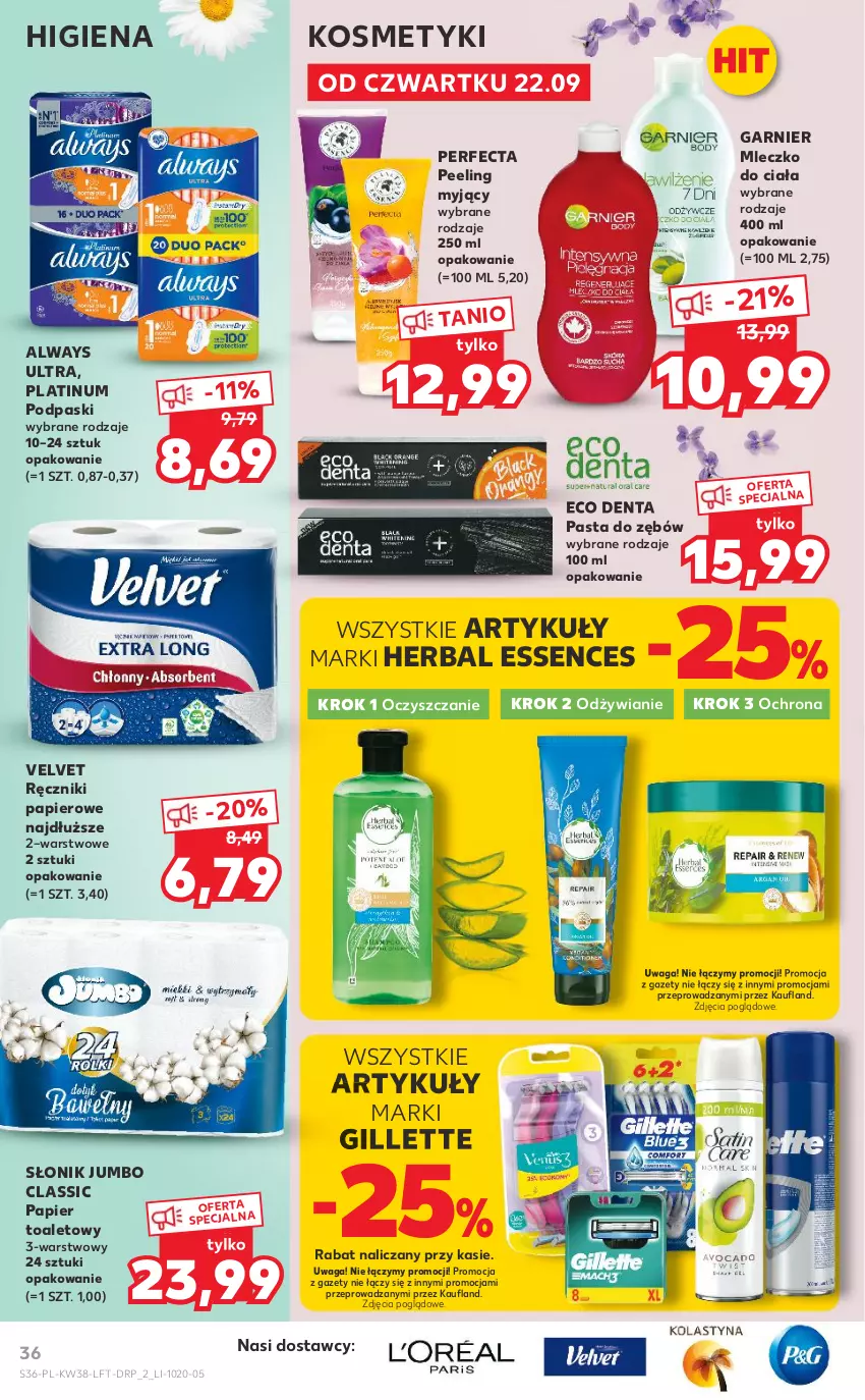 Gazetka promocyjna Kaufland - OFERTA TYGODNIA - ważna 22.09 do 28.09.2022 - strona 36 - produkty: Always, Always Ultra, Garnier, Gillette, Mleczko, Mleczko do ciała, Papier, Papier toaletowy, Pasta do zębów, Peeling, Perfecta, Podpaski, Ręcznik, Ręczniki papierowe, Velvet, Waga