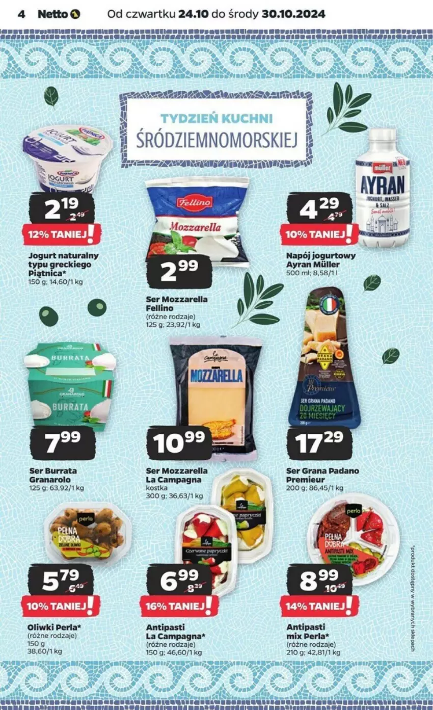 Gazetka promocyjna Netto - ważna 24.10 do 30.10.2024 - strona 14 - produkty: Burrata, Fa, Gra, Jogurt, Jogurt naturalny, Mozzarella, Napój, Napój jogurtowy, Oliwki, Piątnica, Ser, Top, Tran