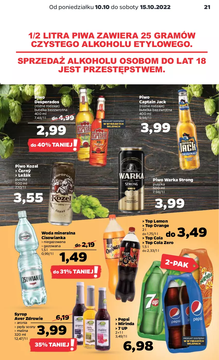 Gazetka promocyjna Netto - Artykuły spożywcze - ważna 10.10 do 15.10.2022 - strona 21 - produkty: Aronia, Captain Jack, Cisowianka, Desperados, Gra, Kozel, Mirinda, Pepsi, Piwa, Piwo, Sos, Syrop, Top, Warka, Woda, Woda mineralna, Zdrowie