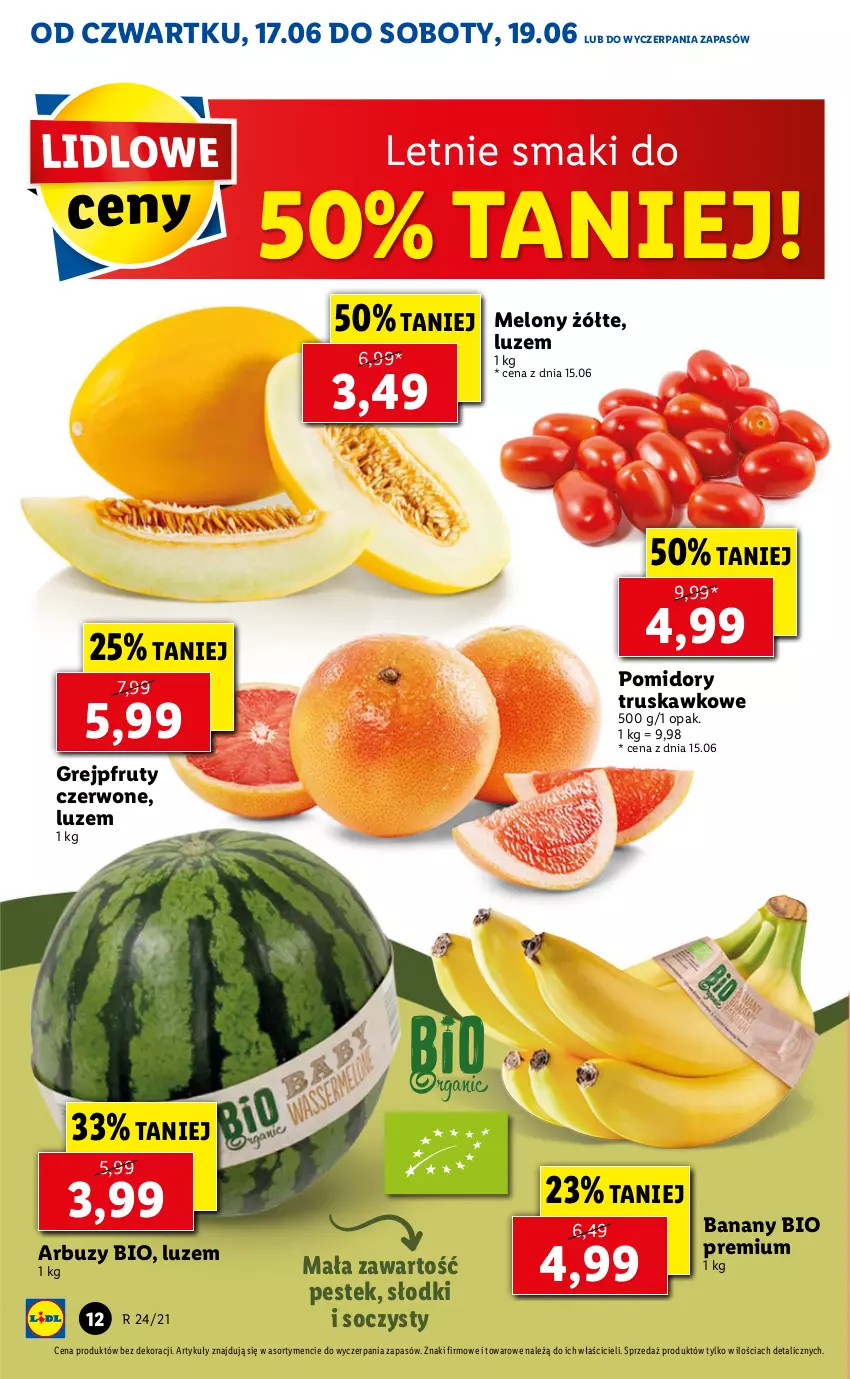 Gazetka promocyjna Lidl - GAZETKA - ważna 17.06 do 19.06.2021 - strona 12 - produkty: Arbuz, Banany, Grejpfrut, Melon, Pomidory, Stek