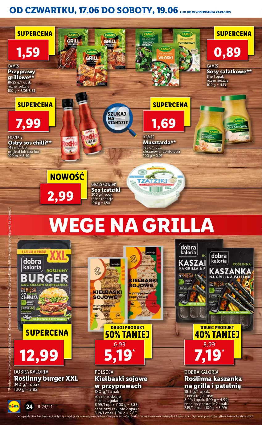 Gazetka promocyjna Lidl - GAZETKA - ważna 17.06 do 19.06.2021 - strona 24 - produkty: Burger, Chrzan, Gin, Grill, Kamis, Kasza, Kaszanka, Mus, Musztarda, Przyprawy, Roślinny burger, Sałat, Sos, Sos chilli