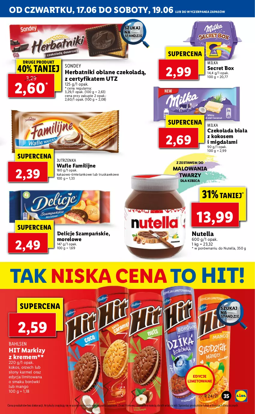 Gazetka promocyjna Lidl - GAZETKA - ważna 17.06 do 19.06.2021 - strona 35 - produkty: BIC, Czekolada, Delicje, Fa, Herbatniki, Jutrzenka, Kakao, Kokos, Mango, Milka, Nutella, Por, Wafle