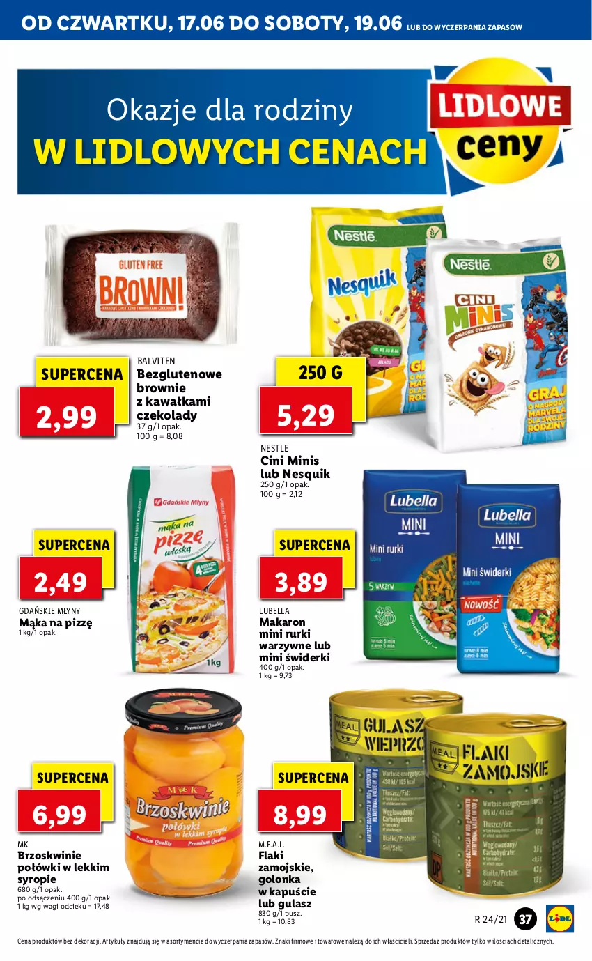 Gazetka promocyjna Lidl - GAZETKA - ważna 17.06 do 19.06.2021 - strona 37 - produkty: Bell, Bella, Brownie, Brzoskwinie, Cini Minis, Flaki, Kawa, Lubella, Mąka, Makaron, Nesquik, Rurki, Syrop, Wagi