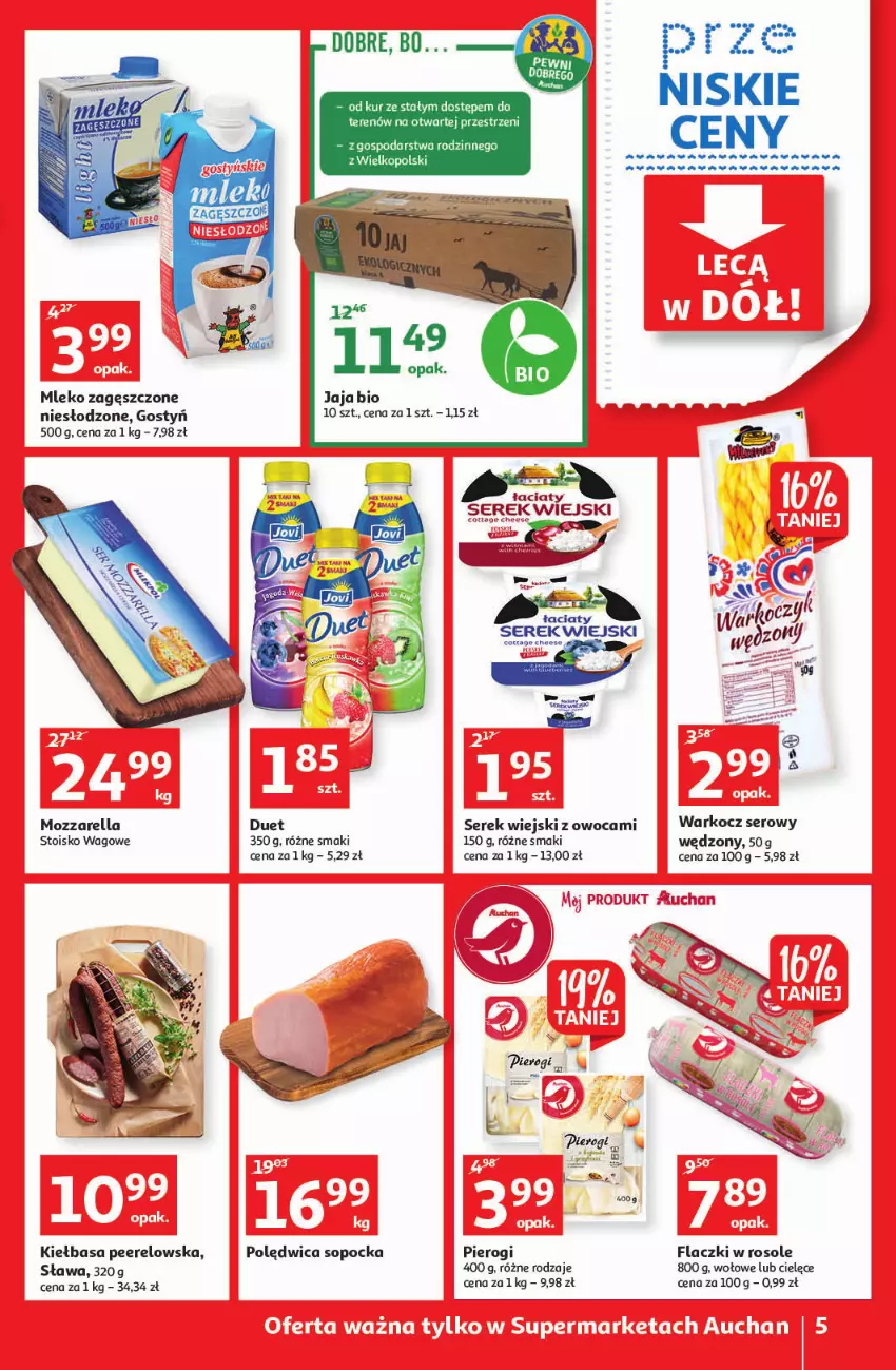 Gazetka promocyjna Auchan - przeNISKIE CENY lecą w dół Supermarkety - ważna 24.02 do 02.03.2022 - strona 5 - produkty: Jaja, Kiełbasa, Koc, Mleko, Mleko zagęszczone, Mozzarella, Pierogi, Polędwica, Ser, Serek, Serek wiejski