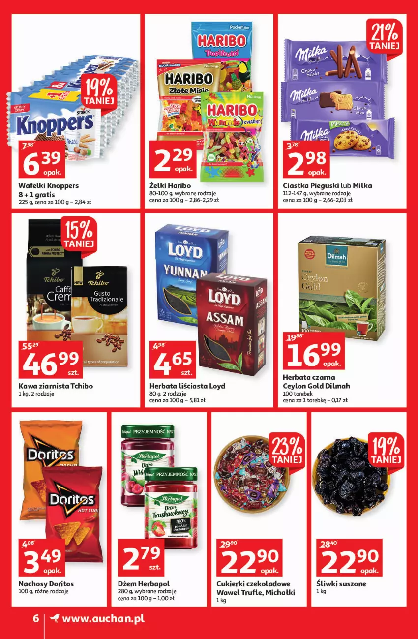 Gazetka promocyjna Auchan - przeNISKIE CENY lecą w dół Supermarkety - ważna 24.02 do 02.03.2022 - strona 6 - produkty: Ciastka, Cukier, Cukierki, Cukierki czekoladowe, Dilmah, Dżem, Fa, Gra, Haribo, Herbapol, Herbata, Herbata czarna, Kawa, Kawa ziarnista, Knoppers, LG, Loyd, Michałki, Milka, Tchibo, Wawel