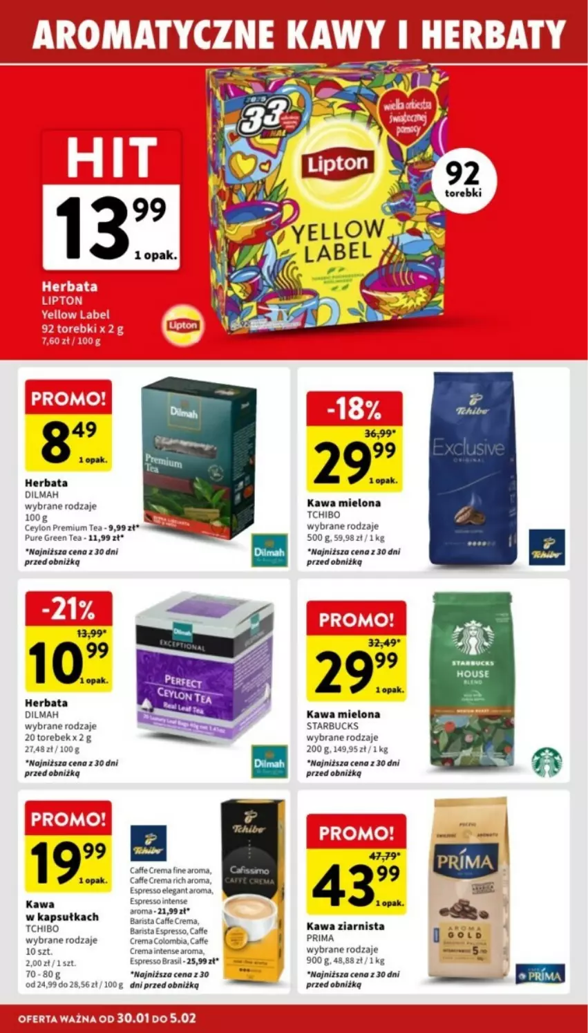 Gazetka promocyjna Intermarche - ważna 30.01 do 05.02.2025 - strona 21 - produkty: Dilmah, Herbata, Kawa, Kawa mielona, Kawa ziarnista, Prima, Pur, Tchibo, Tchibo Barista